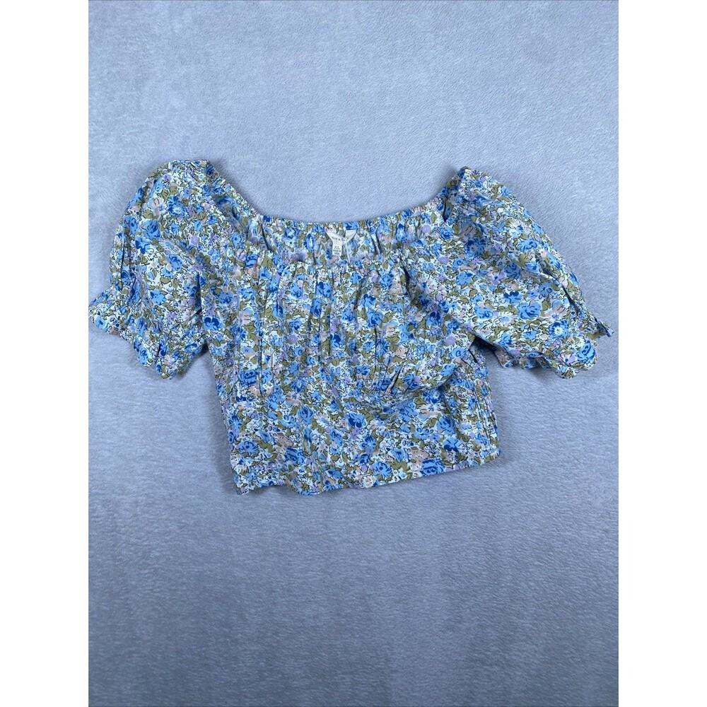New Sim & Sam Cropped Floral Balloon Sleeve Top Women's Small Smocked Blue Sage